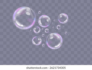 Bolhas de sabão coloridas em um fundo transparente. Bolhas brilhantes e sonhadoras com efeito de gradiente do arco-íris. Conjunto de vetores de elemento de bolha de sabão realista. Vetor