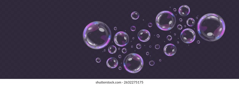 Burbujas de jabón de colores sobre un fondo transparente. Burbujas brillantes y de ensueño con un efecto de degradado de arco iris. Conjunto de Vector de elemento de burbuja de jabón realista. Vector