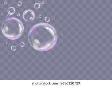 Colorful soap bubbles on a transparent background. Bright, dreamy bubbles with a rainbow gradient effect. Realistic soap bubble element vector set. Vector illustration