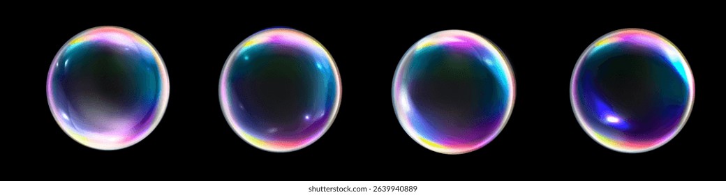 Colorful soap bubbles on a transparent background. Bright, dreamy bubbles with a rainbow gradient effect and glares isolated on black background. Glossy water drop. Vector