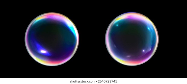 Colorful soap bubbles on a transparent background. Bright, dreamy bubbles with a rainbow gradient effect and glares isolated on black background. Glossy water drop. Vector