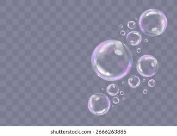 Burbujas de jabón de colores sobre un fondo transparente. Burbujas brillantes y de ensueño con un efecto de degradado de arco iris. Conjunto de Vector de elemento de burbuja de jabón realista. Vector