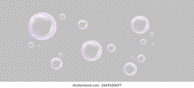 Burbujas de jabón de colores sobre un fondo transparente. Burbujas brillantes y de ensueño con un efecto de degradado de arco iris. Conjunto de Vector de elemento de burbuja de jabón realista. Vector