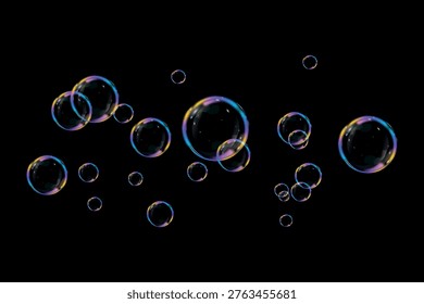  Colorful soap bubbles on a transparent background. Bright, dreamy bubbles with a rainbow gradient effect. Realistic soap bubble element vector set. Vector