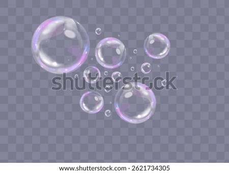 Colorful soap bubbles on a transparent background. Bright, dreamy bubbles with a rainbow gradient effect. Realistic soap bubble element vector set. Vector