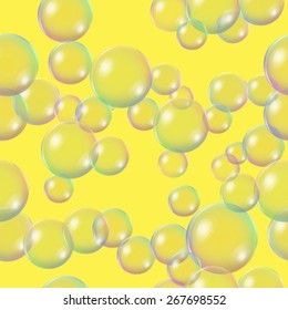 Colorful soap bubbles on yellow background. Seamless pattern. Editable EPS10 vector illustration with clipping mask.
