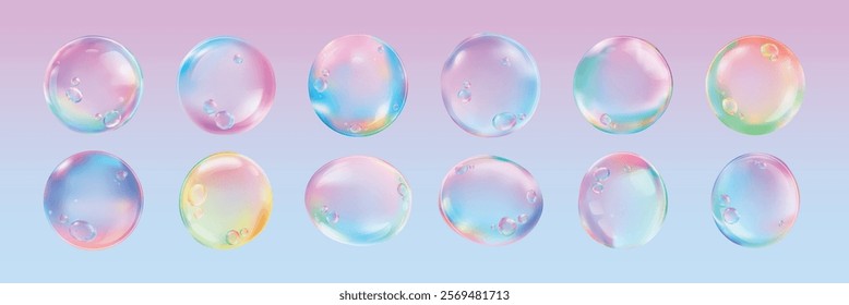 Colorful soap bubbles with a pastel gradient background. Bubbles in pastel hues, rainbow colors. Soft, dreamy bubbles with a pastel gradient effect. Soap bubble element vector set.