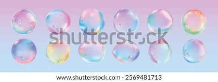 Colorful soap bubbles with a pastel gradient background. Bubbles in pastel hues, rainbow colors. Soft, dreamy bubbles with a pastel gradient effect. Soap bubble element vector set.
