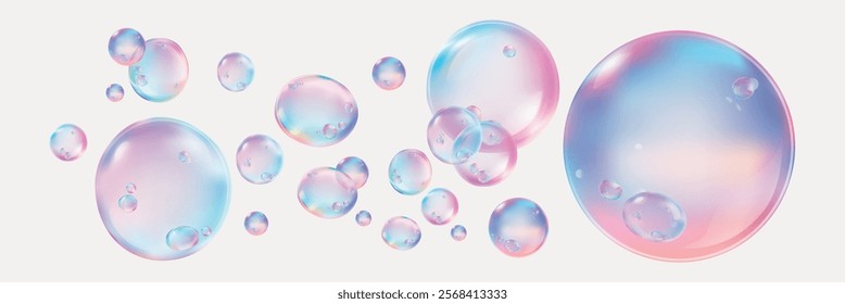 Colorful soap bubbles in pastel hues float against a white background. Bubbles vary in size, creating a playful, dreamy atmosphere. Soap bubbles, pastel, floating. Soap bubble element vector set.