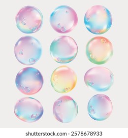 Colorful soap bubbles with a rainbow effect. These bubbles have a shiny, iridescent look. The soap bubbles are arranged in a grid pattern, creating a playful vibe. Soap bubble element vector set.