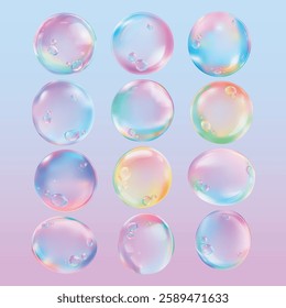 Colorful soap bubbles with a rainbow effect on a pastel background. Bubbles with rainbow hues, soap bubbles in pastel, and colorful bubble reflections. Soap bubble element vector set.