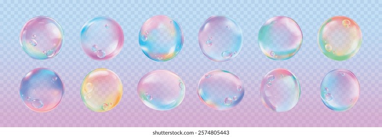 Colorful soap bubbles with rainbow hues on a transparent background. Bubbles with pastel colors create a playful, dreamy effect. Soap bubbles in various sizes. Soap bubble element vector set.