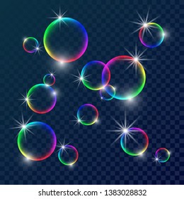 Colorful soap bubbles. Vector illustration with transparent color background.
