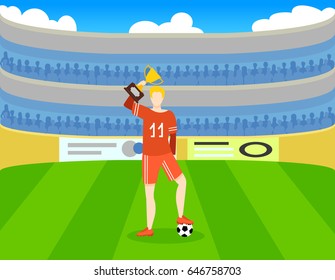 Colorful soccer award template with player standing on stadium and holding cup vector illustration