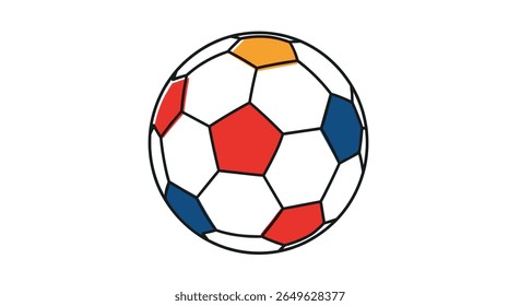 A colorful soccer ball with distinct red blue and orange panels on a white background