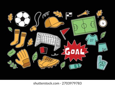 Coloridos Elementos de doodle de fútbol. Dibujado a mano ilustración