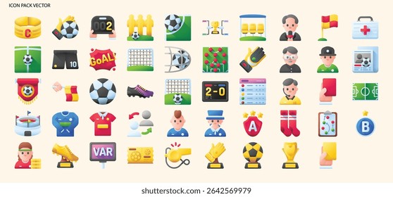 Colorful Soccer and Football Icon Set with Players Equipment Referees Goals and Trophies for Sports Design Projects