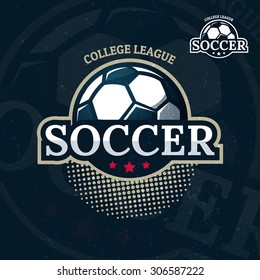 Colorful soccer sport logo label with stars and  bonus one color performance on dark background. Vector abstract illustration.