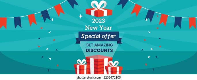 Colorful social media banner, modern, special offers, new year, christmas, fun, playful, gift