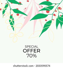 Colorful social media post or square template with floral and leaves decoration. Boho poster brochure template. Vector hand-drawn illustration for flyer, presentation, brochure, banner