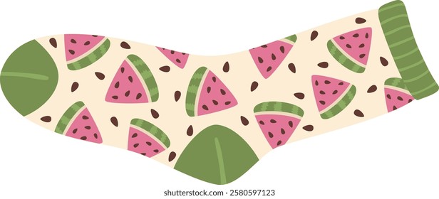 Colorful sock featuring a delightful pattern of cheerful watermelon slices and seeds, infusing any outfit with a playful touch of summery fun and vibrant style