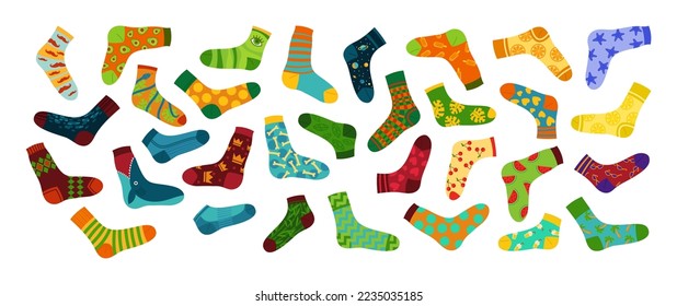 Colorful socks for adults and children vector illustrations set. Collection of cartoon drawings of socks with different designs isolated on white background. Fashion, accessory, clothes concept