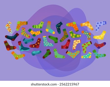 Colorful socks for adults and children vector illustrations set. Collection of cartoon drawings of socks with different designs  on purple background. Fashion, accessory, clothes concept