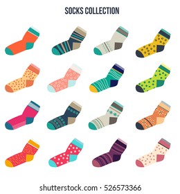Colorful Socks Big set in flat style Vector Illustration. Winter fashion socks fabric design.
