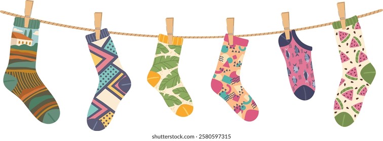 Colorful socks featuring a variety of playful patterns and designs are hanging on a clothesline, infusing the scene with whimsy and a sense of individuality