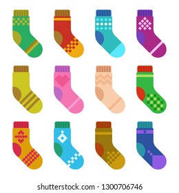 Colorful socks set. Different knitted wool socks on white background. Vector
illustration, flat style, isolated.