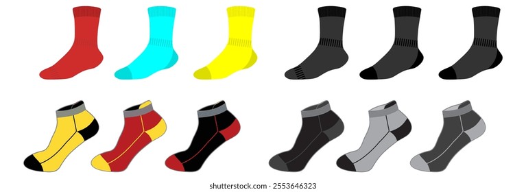 Colorful Socks Set In Various Colors Isolated On White Background Ideal For Fashion, Retail, And E-Commerce Product Displays
