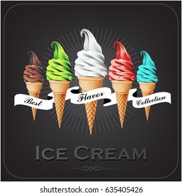 Colorful soft Ice cream in the cone, Different flavors, vintage style, Vector illustration