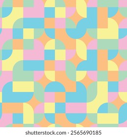 Colorful Soft Pastel Blocks of Teal Blue, Lemon Yellow, Mint Green, Carnation Pink and Tangerine Orange in an Abstract Geometric design creating a seamless pattern print background