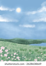 colorful soft pastel cloud blue sky, grass field, meadow hill scenery background wallpaper	