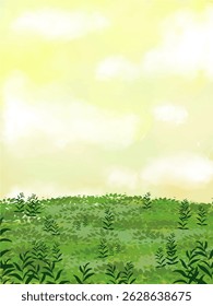 colorful soft pastel cloud yellow sky, grass field, meadow hill scenery background wallpaper	