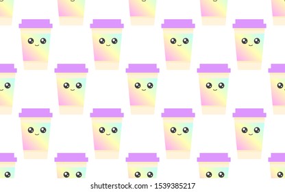 Colorful soft pastel colors kawaii coffee container seamless pattern vector art.
