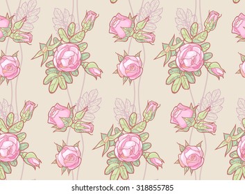 Colorful & soft rose seamless pattern. Background, textile & wallpaper design. Vintage beauty. Vector illustration.
