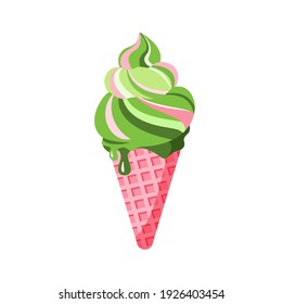 Colorful Soft Serve Ice Cream in Waffle Cone Isolated on White Background. Pistachio Strawberry Apple and Mint Striped Ice Creams in Waffles. Vector illustration in flat style.