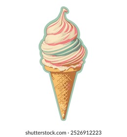 Colorful soft serve ice cream cone with swirls of pink and white sitting on a waffle cone against a vibrant background