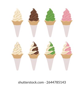 Colorful soft serve ice cream set (vanilla, chocolate, strawberry, matcha, chocolate spray)
