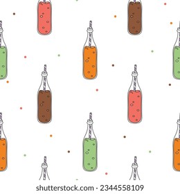 Colorful soft soda drink bottles with polka dots cute seamless pattern. Vector hand drawn illustration. Fun background for wrapping paper, packaging, gift, fabric, wallpaper, textile, apparel.