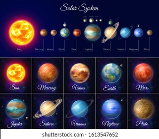 Colorful solar system with planets and satellites. Astronomy and astrophysics banner with nine planet in deep space. Galaxy discovery and exploration. Realistic planetary system vector illustration.