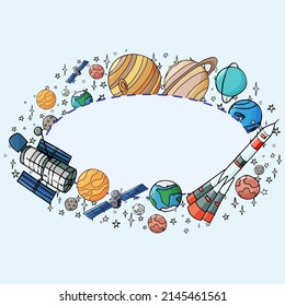Colorful solar system planets with space telescope, rocket, satellite and stars for notebook cover with sticker for your text.