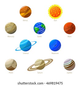 Colorful Solar System Planets and Sun Set on white. Vector cartoon, infographic elements. Earth, Sun, Mars, Saturn and other planetary icons.
