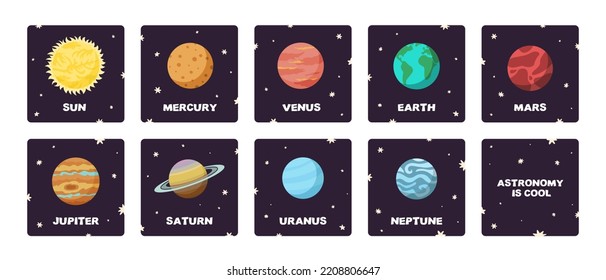 Colorful solar system space square flashcards in flat design cartoon style. Astronomy education and science for kids learning.