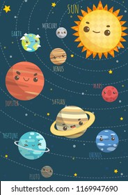 The Colorful Solar System. Sun and Planets on orbit with universe background , Vector illustrations in cartoon style.