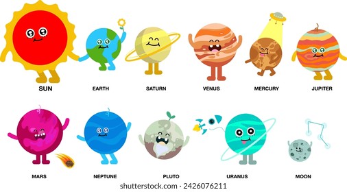 The Colorful Solar System. Sun and Planets on orbit with universe funny kids background , Vector illustrations in cartoon style.