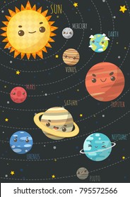 The Colorful Solar System. Sun and Planets on orbit with universe background , Vector illustrations  in cartoon style.