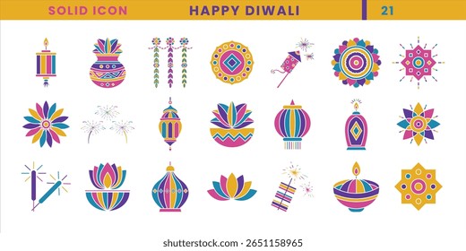 Colorful solid icons of Diwali festival. Vector icon set for celebration happy Diwali. 