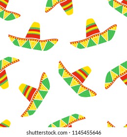 colorful sombrero, traditional Mexican straw hat, Latino headwear, vector seamless pattern background